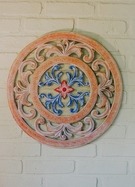 MANDALA MDF PÁTINA AZUL E VERMELHA – DECORAÇÃO ESPIRITUAL CONTEMPORÂNEA
