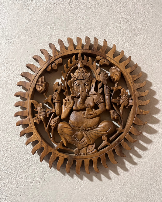 MANDALA GANESHA EM MADEIRA ENTALHADA PARA DECORAÇÃO DE PAREDE