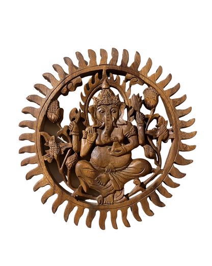 MANDALA GANESHA EM MADEIRA ENTALHADA PARA DECORAÇÃO DE PAREDE