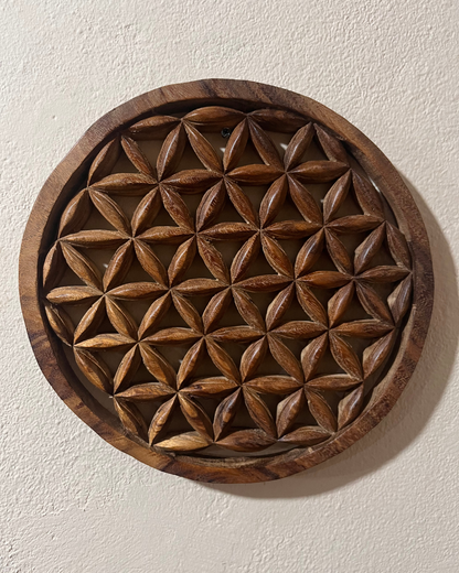 MANDALA FLOR DA VIDA EM MADEIRA ENTALHADA PARA DECORAÇÃO DE PAREDE