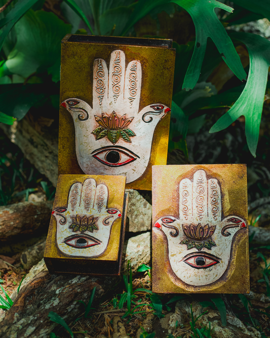 CAIXA DECORATIVA MÃO HAMSA – FEITO À MÃO EM BALI