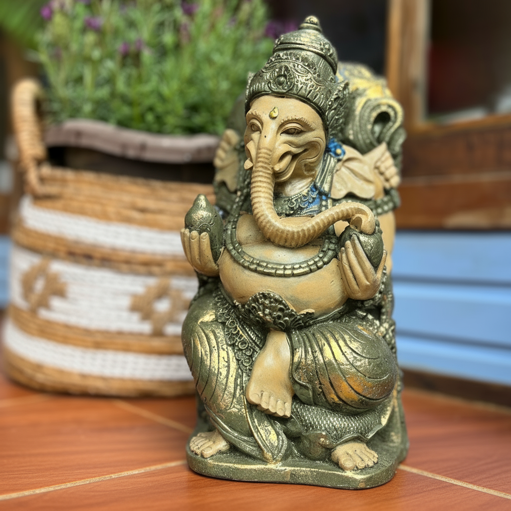 GANESHA EM PÉ – ESCULTURA EM RESINA BALINESA ÚNICA DE PROSPERIDADE E SABEDORIA